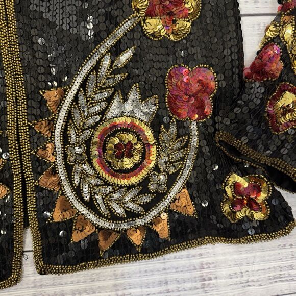 Laurence Kazar Vintage 80s Sequin Beaded Silk Jacket Black Women’s Medium - Picture 3 of 16